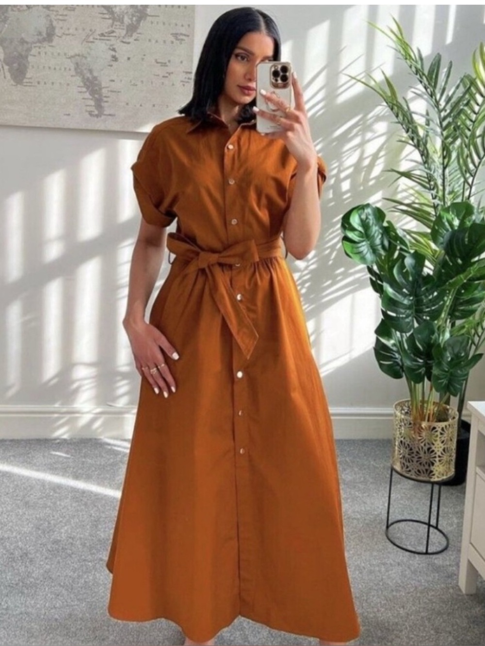 ZARA  Burnt Orange POPLIN BELTED Stunning 100% cotton midi  dress